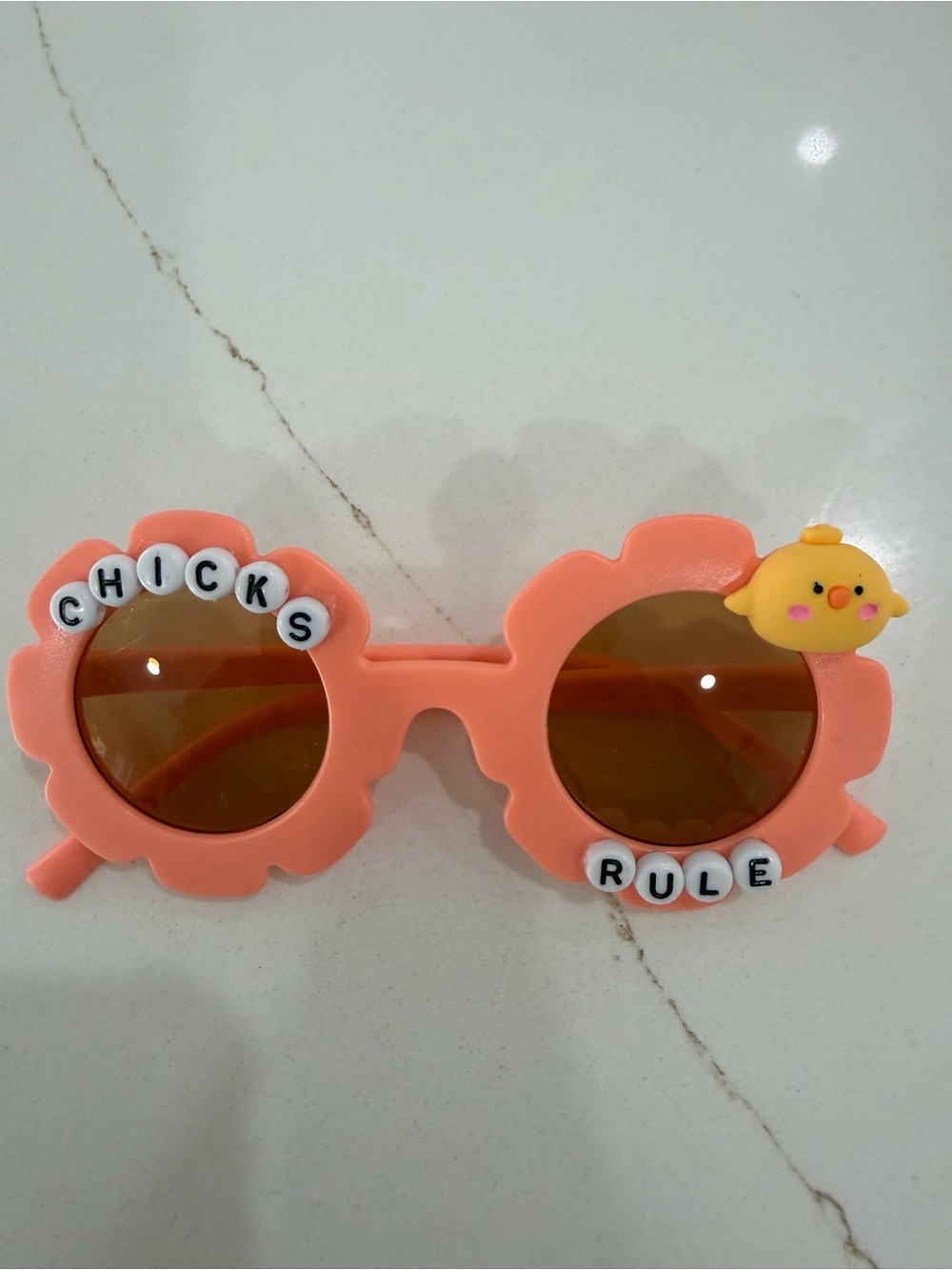 Kids Peach 'Chicks Rule' Flower Sunglasses with Chick Accent Hand Made